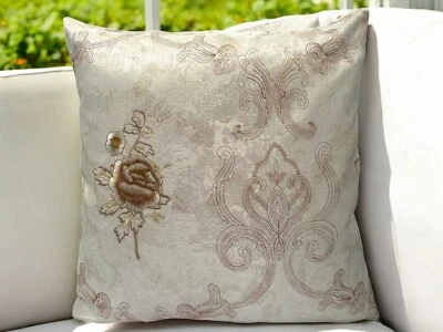 CREAM Cushion Cover Beige Rose Jacquard Fabric Gold Thread 18x18" - Image 1 of 4
