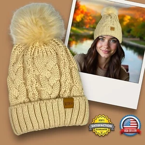 Mujer Tejido con Cable Imitación Piel Pom Pom Gorro Invierno Sombrero Suave Forrado de Vellón Beige - Imagen 1 de 7