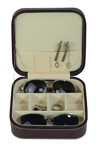 TIMELYBUYS Dark Brown 3 Compartment Sunglass Travel Case & Jewelry Box Storage - Picture 1 of 6