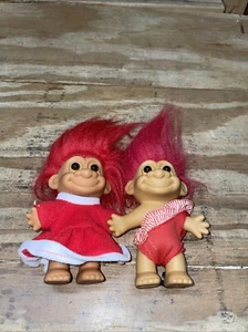 2 Vintage 1990's Red Hair Brown Eyes 4" Russ Trolls - Swimsuit & Dress - Picture 1 of 7