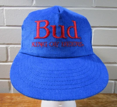 Vintage Bud King Of Beers Corduroy Hat Cap Buckle Closure Budweiser Embroidered - Image 1 of 4