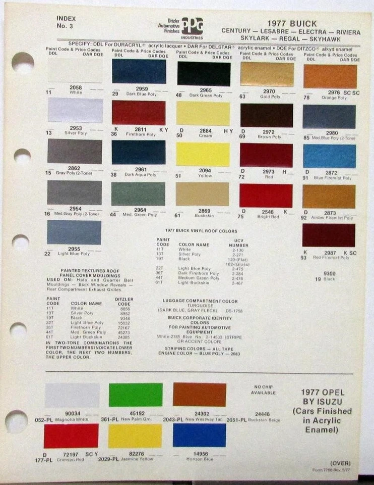 1977 Buick Regal Skylary LeSabre Riviera & Opel Isuzu PPG Paint Chips Original - Image 1 of 1