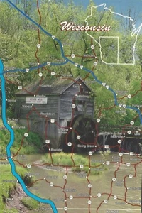 Wisconsin Map (with Antique Mill) color postcard (STAMPS, POSTAGE, COLLECTIBLE) - Picture 1 of 2