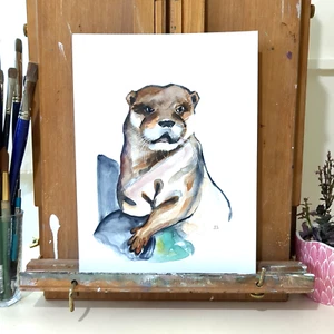 Original Watercolor Painting Otter Portrait 9x12 on Paper By Jake J - Picture 1 of 10