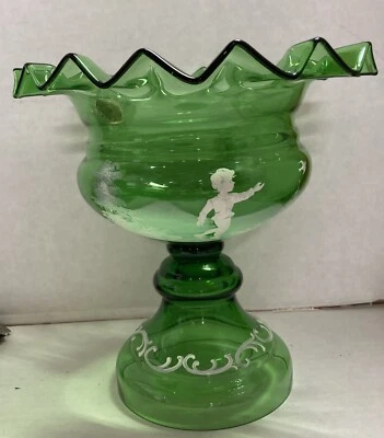 Vintage Czechoslovakia Bohemia Glass Green Candy Bowl Boy & Bird Painted - image 1 of 4