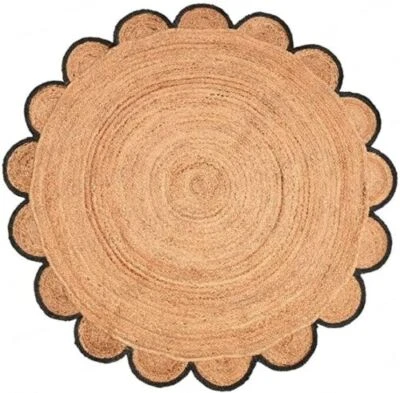 Rug Round Jute Scallop Design Natural Floors Rug Beige With Black Handmade - Image 1 of 4