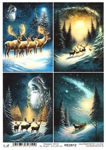 Carta di riso A4 seta paglia decoupage Natale neve renne notte RE2812 - Foto 1 di 1