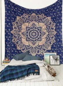 Indian Bohemian Gold Lotus Mandala Tapestry Hippie Wall Hanging Twin Bedspread - Picture 1 of 4