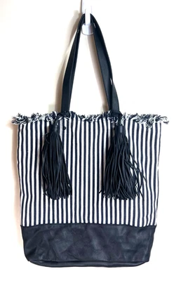 Bolso de Mano LOEFFLER RANDALL Tela a Rayas Dos Asas Cuero Negro Flecos Borla Foto 1 de 4