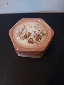 rare hexagonal Porcelain transferware floral Rabbits Trinket Jewelry Box 6'' - Picture 1 of 15