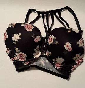 Victoria's Secret PINK Wear Everywhere Pushup Black Rose Floral 32D Strappy Bra - Picture 1 of 5