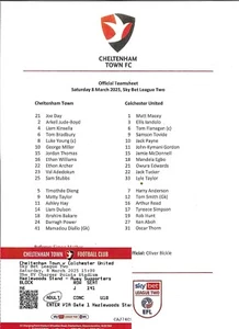 2024/25 Cheltenham Town v Colchester United League 2 Teamsheet & Ticket 08/03/25 - Picture 1 of 1