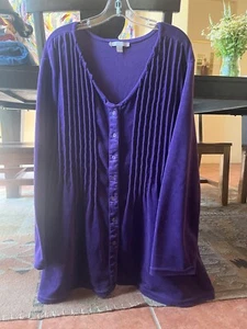 Woman Within Purple Velour Top Button Down Long Sleeve Piping Like Stitching 2X - Picture 1 of 6