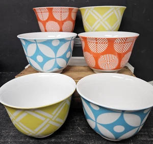 SET of 6 Crate & Barrel 3" Blue, Yellow & Salmon Mod Abstract Rice / Ramen Bowls - Picture 1 of 11