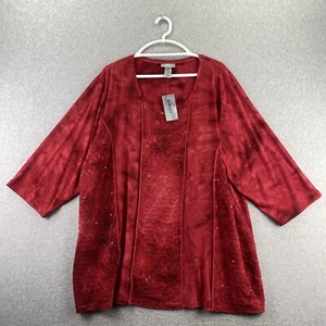 Catherines Top Blouse Plus 2XL Red Tie Dye Sequins 3/4 Sleeve Pullover NEW - Picture 1 of 10