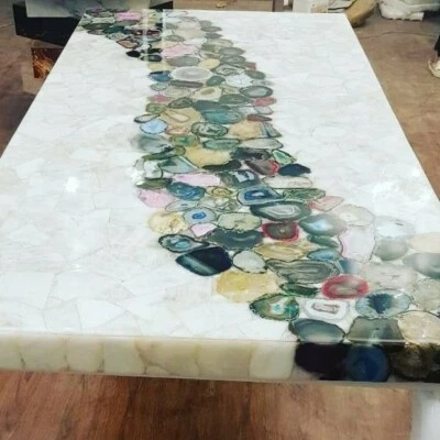 Agate And White Quartz Table Top Rectangle 84" x 42" Room Furniture - Image 1 of 4