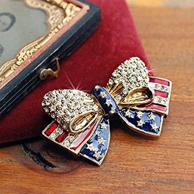 American Flag Bow Pin, Flag Brooch Enamel  2" Wide x 1.25 Tall Sweet Romance US - Image 1 of 4