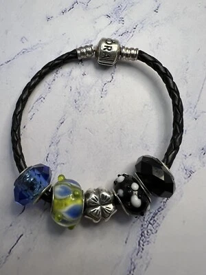 Pandora 925 Sterling Silver Braided Leather Charm Bracelet Silver & Glass Beads - Image 1 of 4
