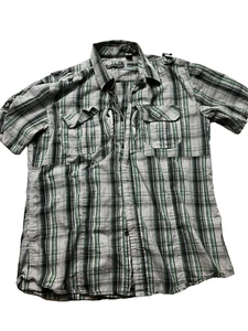 *Indigo Star Men Plaid Button-Down Shirt Green White Black Short Sleeve Casual - Picture 1 of 9