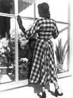 Brown and yellow checkered wool dress Model, Charlott 1949 Old Photo