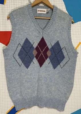 Vintage 70s McGregor Sweater Vest Wool Large Argyle Preppy Golf 80s Indie Foto 1 de 4