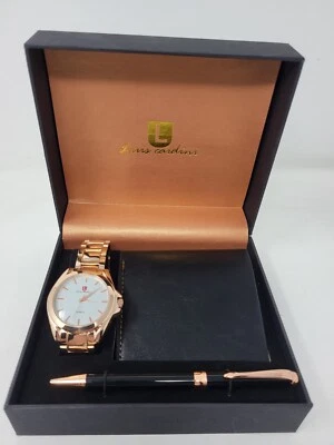 Luis Cardini Tono Cobre Hombre Reloj Cuarzo Cuero Billetera Pluma Set de Regalo con Caja Foto 1 de 4