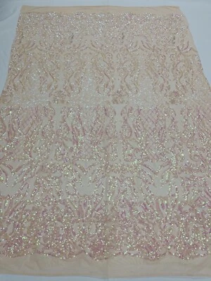 PINK SHINY SEQUIN DAMASK DESIGN EMBROIDERY ON 4 WAY STRETCH MESH-1YARD - Image 1 of 4