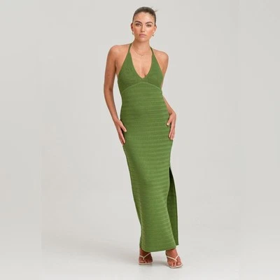 NWT Finders Keepers Iggy Crochet Knit Halter Midi Dress With Slit Green Size 6 - Imagem 1 de 4