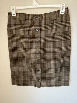 Falda de lana Brooks Brothers para mujer 10 marrón a cuadros con botones forrada frontal Foto 1 de 4