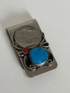 Buffalo Nickel Turquoise Coral Money Clip Nickel Silver Southwest Style - Picture 1 of 6