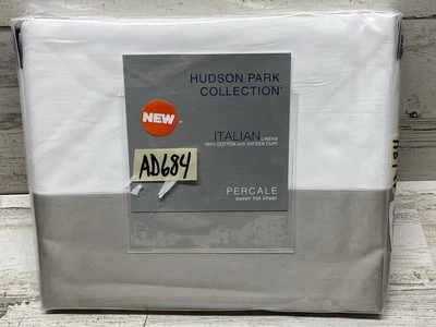 Hudson Park Italiano Lino Percal Puño Queen Hoja Plana Plateada/Blanco Nuevo Foto 1 de 4