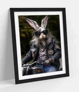 RABBIT ON A MOTORBIKE  -FRAMED ART POSTER PAPER PRINT - Picture 1 of 10