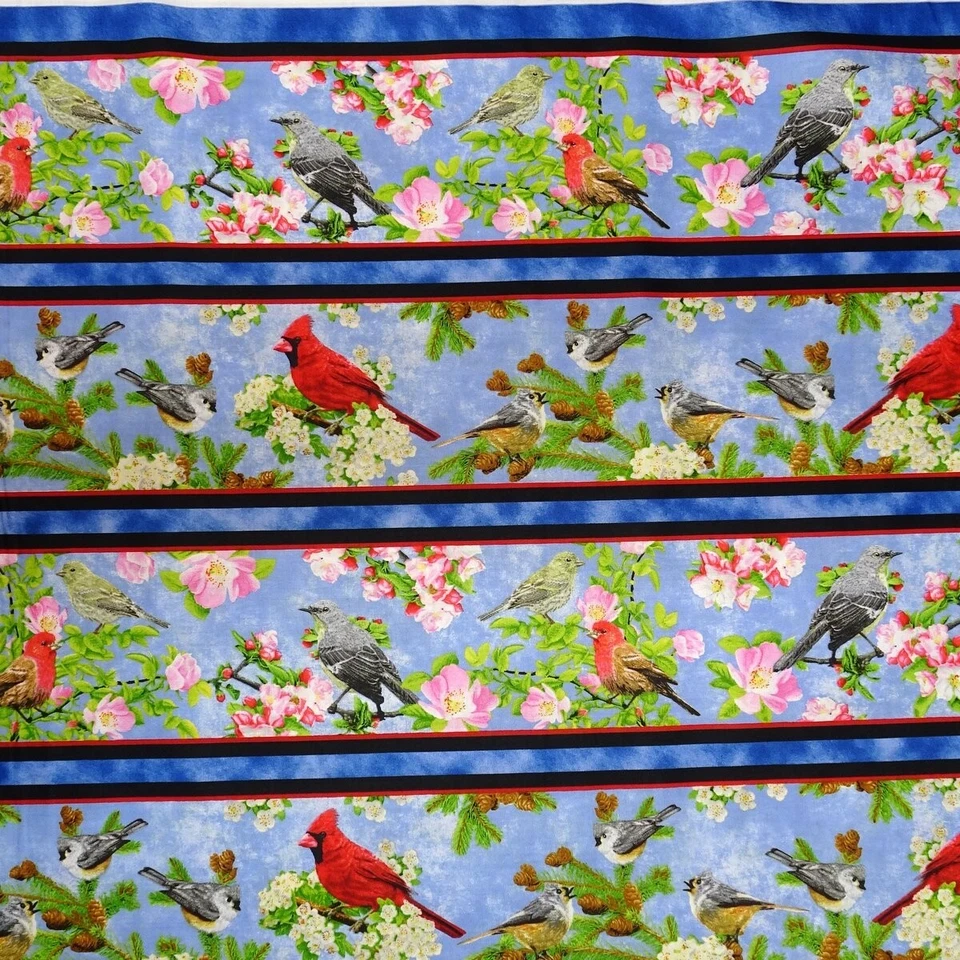 Cotton Fabric Songs of Nature Garden Birds Stripe by Quilting Treasures Yard
