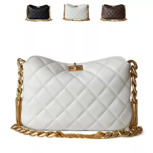Small Quilted Sheepskin Leather Shoulder Bag Clutch Purse w/ Chain Strap Fashion - Picture 1 of 18