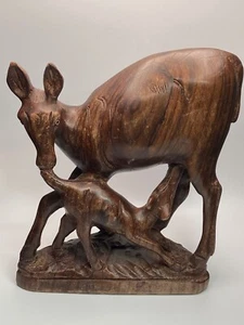 Vintage 8" Deer w/ Nursing Fawn Wood Statue - Picture 1 of 6