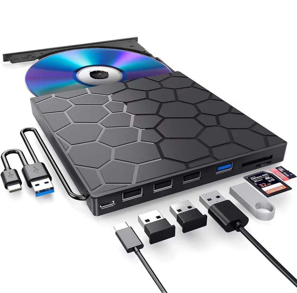 External CD DVD Drive USB 3.0 Type-C, External with SD/TF Card Reader RW Burner - Image 1 of 4