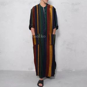 Mens Cotton Muslim Clothing Long Sleeve Islamic Saudi Arab Kaftan Robe Striped L - Picture 1 of 26