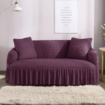 Ruffled Seersucker Sofa Covers Elastic Slipcovers 1/2/3/4 Seater Armchair Cover - Image 1 of 4