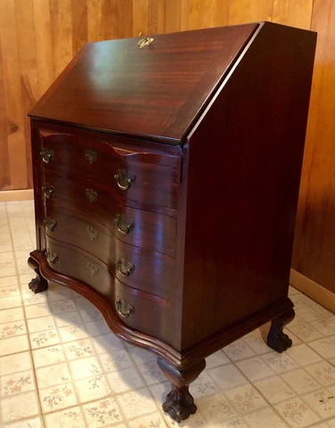 Antique Maddox Secretary Slant Top Serpentine Mahogany Desk 1920-30 Chippendale Cover