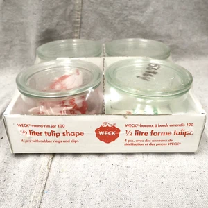 Tarro de borde redondo con forma de tulipán Weck de 1/2 litro 4 frascos de conservas con anillos y clips Nuevo de Lote Antiguo - Imagen 1 de 5