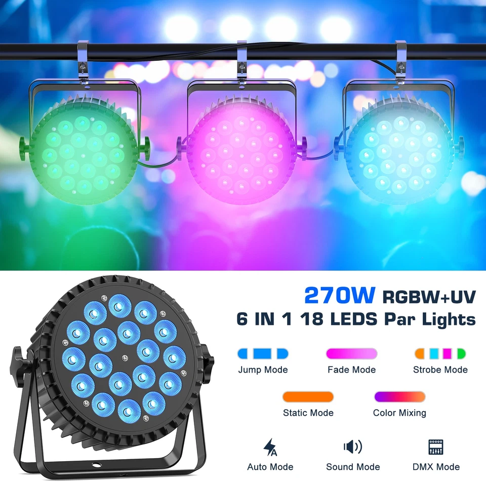 270W 18 LED RGBWA +UV 6 in1 Stage Par Lighting Beam Light DMX for DJ Disco Party - Image 1 of 4