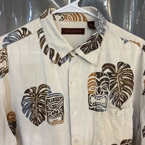 Mens Tori Richard 100% Silk Aloha Hawaiian Shirt XL Tan Tikis Palm Leaves - Picture 1 of 13