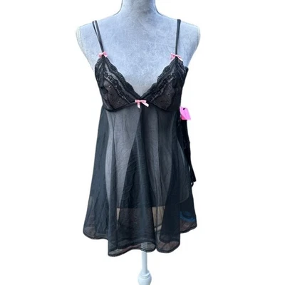 BETSEY JOHNSON Intimates Black Sheer Lace Babydoll Lingerie 2 Piece Set M NWT - Image 1 of 4
