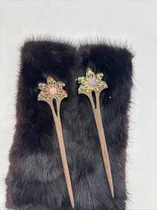 Wood Women's Furisode HAIR STICK PIN Set Of 2 ORNATE Beading & Metal Work 6" - Picture 1 of 7