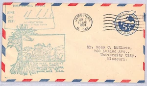 USA Air Mail Cover FIRST FLIGHT Jamestown 5c Postal Stationery 1931 YU246 - Picture 1 of 11