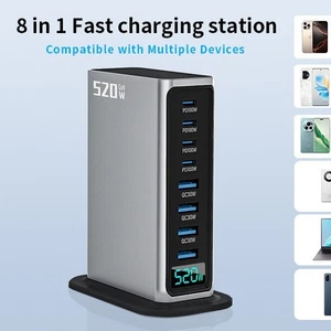 520W USB C Charger Fast GAN Charger Block 8 Multi Port Charging Station Hub - Picture 1 of 19