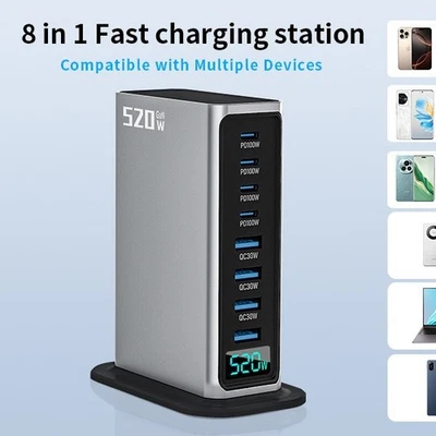 520W USB C Charger Fast GAN Charger Block 8 Multi Port Charging Station Hub - Image 1 of 4