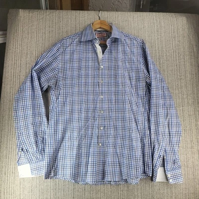 Thomas Pink Shirt Mens 16 Large Blue White Plaid The Twin Collection Dress - Image 1 of 4