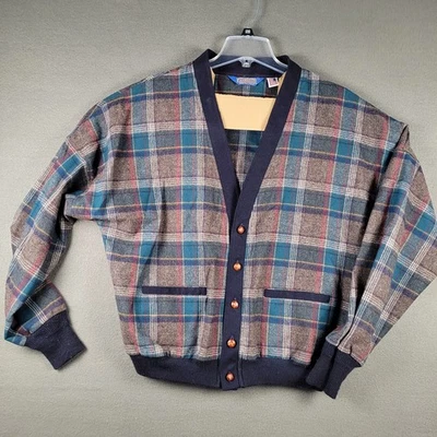 Pendleton Wool Cardigan Mens Large Plaid Vintage USA Button Up Rib Cuff Classic - Image 1 of 4