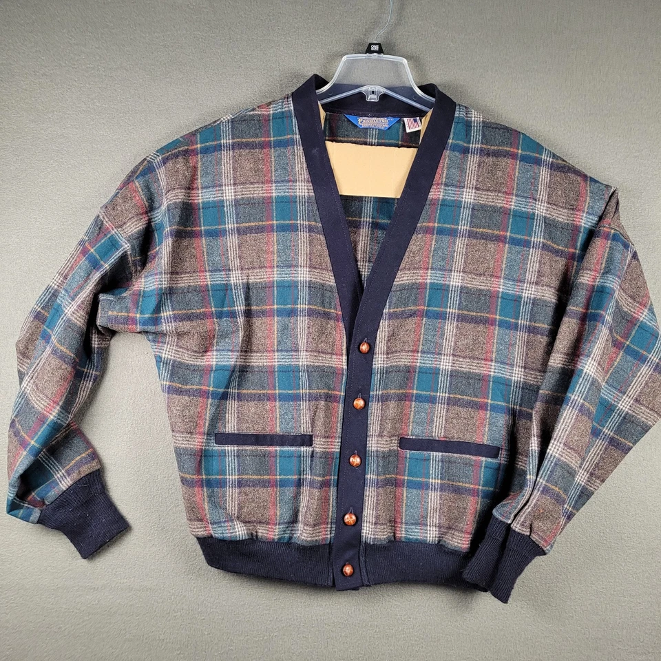 Pendleton Wool Cardigan Mens Large Plaid Vintage USA Button Up Rib Cuff Classic - Image 1 of 4